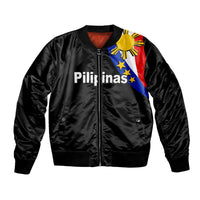 Black unisex bomber jacket, front zip, ribbed collar/cuffs/hem; Philippines flag graphic
