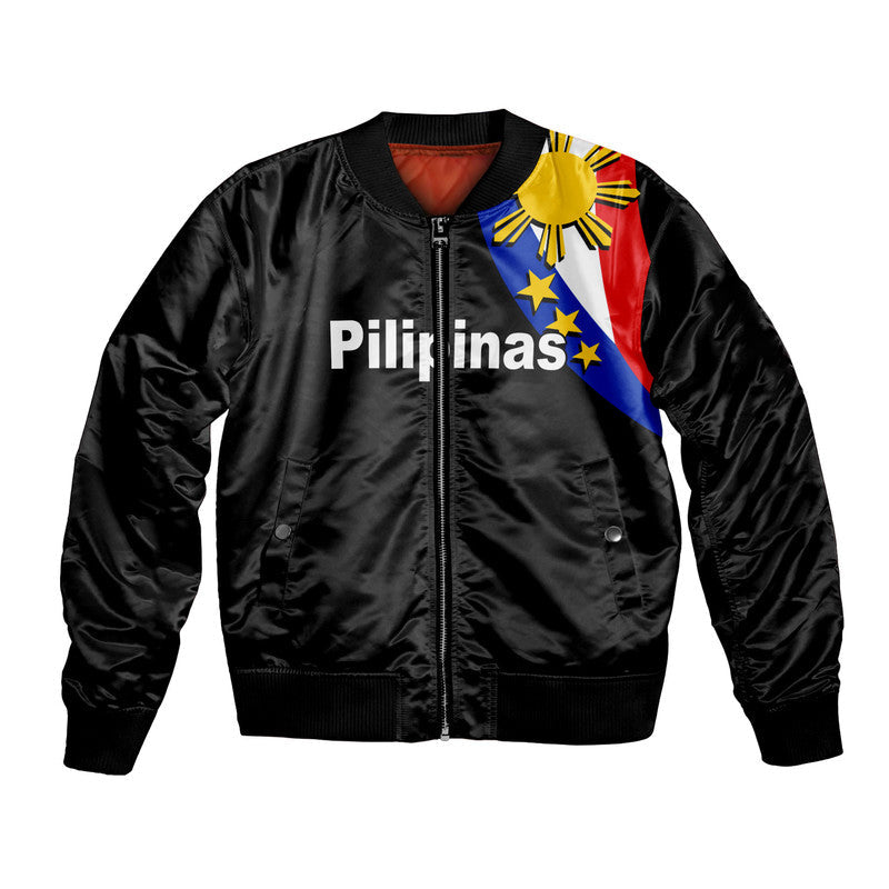 Black unisex bomber jacket, front zipper, colorful flag print at chest and collar