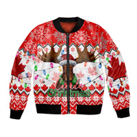 Red bomber jacket with black ribbed collar and zipper, Canada Christmas moose graphic