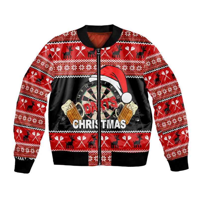 Red and black Christmas bomber jacket, zip front, darts and Christmas text graphic