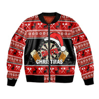 Red and black Christmas bomber jacket, zip front, darts and Christmas text graphic
