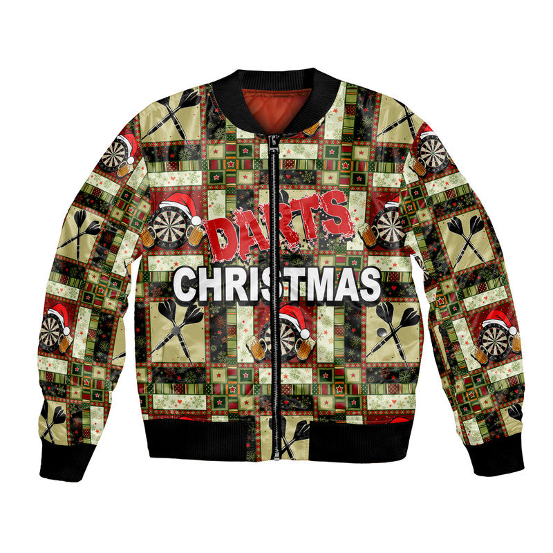Christmas bomber jacket with dart patchwork, black ribbed collar, front zip, multicolor