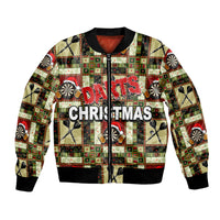 Christmas bomber jacket with dart patchwork, black ribbed collar, front zip, multicolor