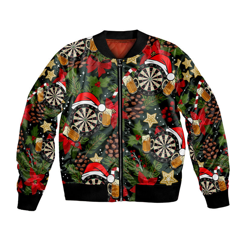 Unisex bomber jacket with dark base and festive darts, beer mugs, stars; full zip front