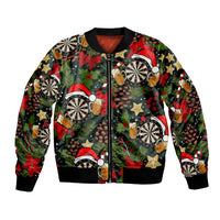 Unisex bomber jacket with dark base and festive darts, beer mugs, stars; full zip front