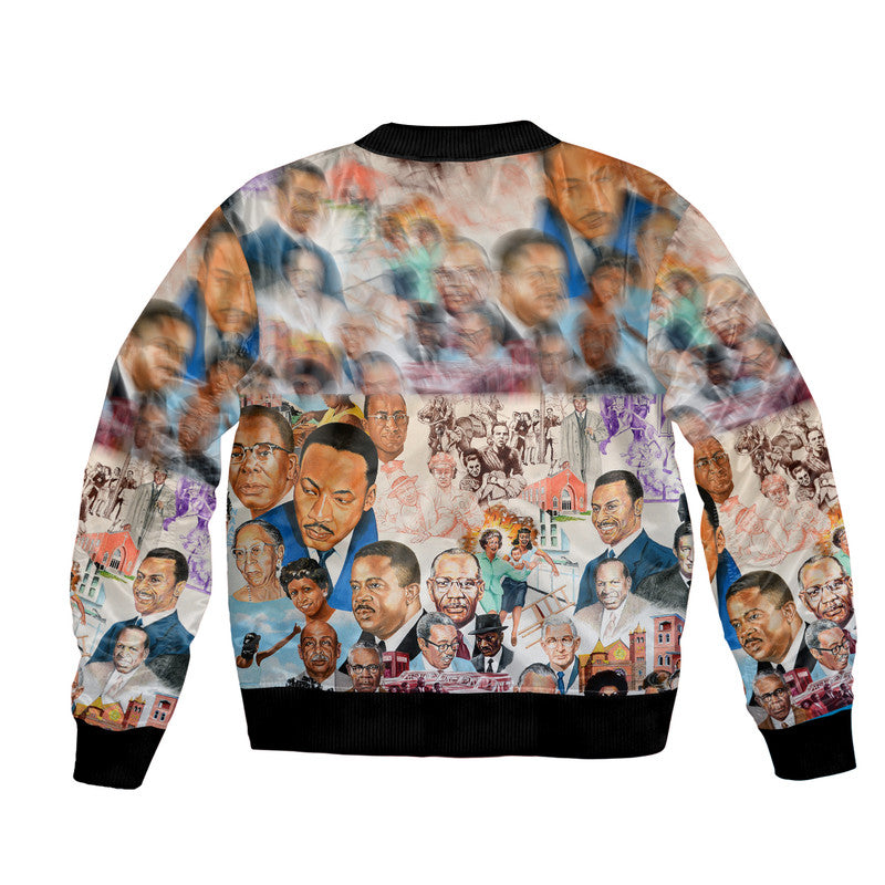 Bomber jacket with allover painting-style portrait print, ribbed black collar and cuffs