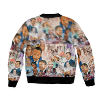 Bomber jacket with allover painting-style portrait print, ribbed black collar and cuffs