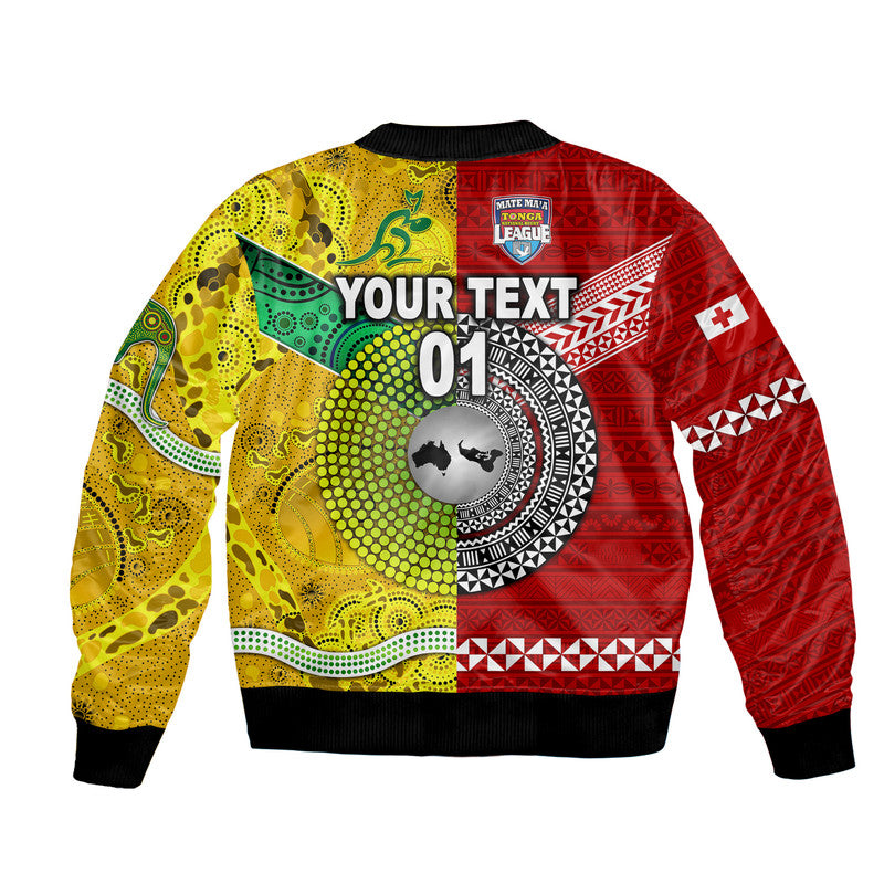 Unisex bomber jacket back print, red and yellow with black ribbed hem and cuffs