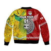 Unisex bomber jacket back print, red and yellow with black ribbed hem and cuffs