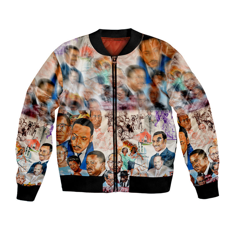 Bomber jacket with allover painting-style faces, front zip, ribbed black collar and cuffs