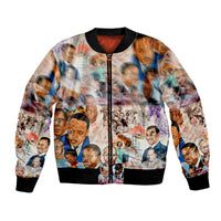 Bomber jacket with allover painting-style faces, front zip, ribbed black collar and cuffs