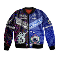 Purple unisex bomber jacket with Samoa and Aotearoa graphic front, ribbed cuffs