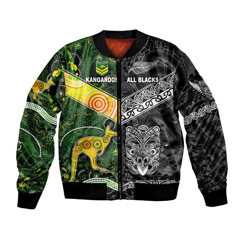 Reversible bomber jacket, black ribbed trim, green/yellow kangaroo and tribal graphics