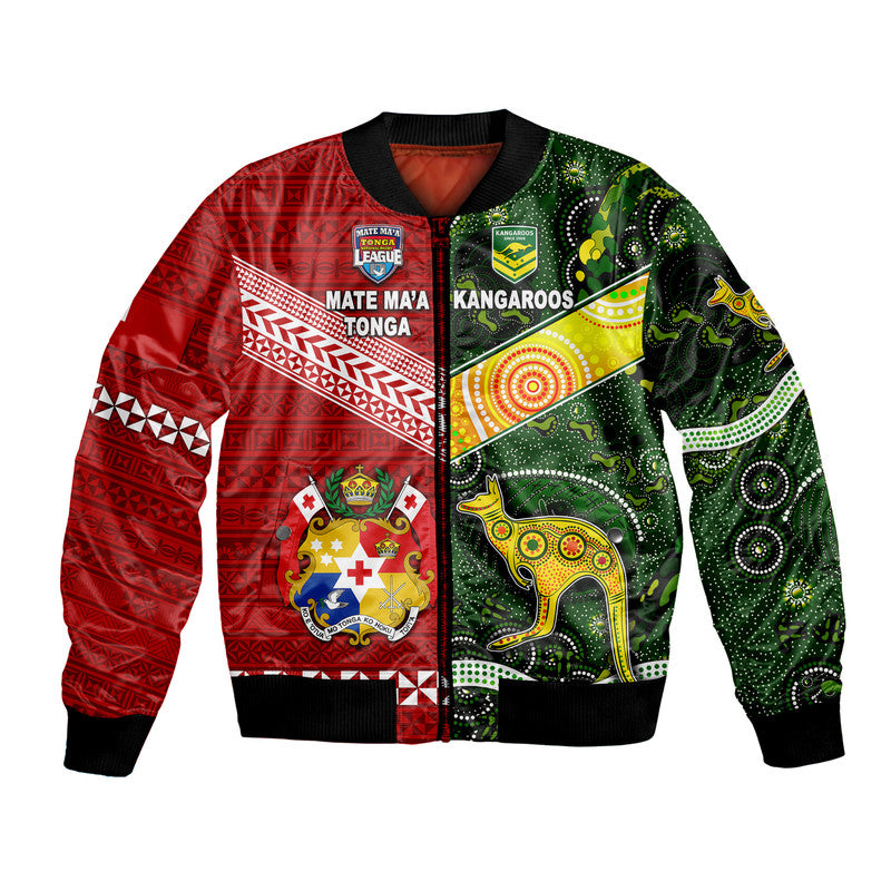 (Custom Personalised) Mate Ma'a Tonga Ngatu And Australia Kangaroos Aboriginal Bomber Jacket Rugby Together LT8 - Wonder Print Shop