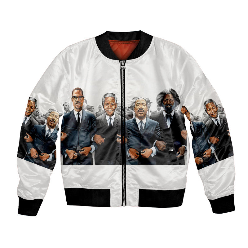 Bomber jacket with full-zip front, white satin with black rib trim and printed leaders