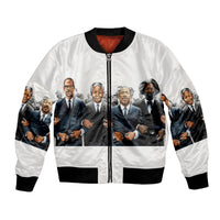 Bomber jacket with full-zip front, white satin with black rib trim and printed leaders