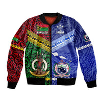 Blue bomber jacket with Samoa and Vanuatu graphic print, front zipper and black ribbed cuffs