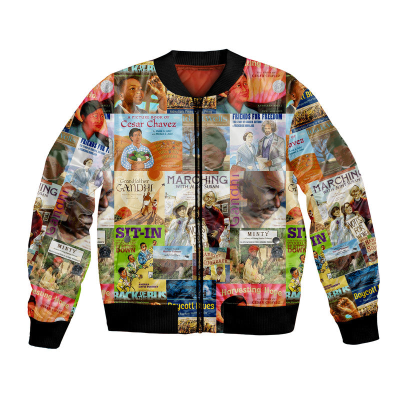 Unisex bomber jacket with colorful collage print, black ribbed collar, zipper front