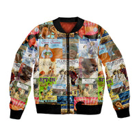 Unisex bomber jacket with colorful collage print, black ribbed collar, zipper front