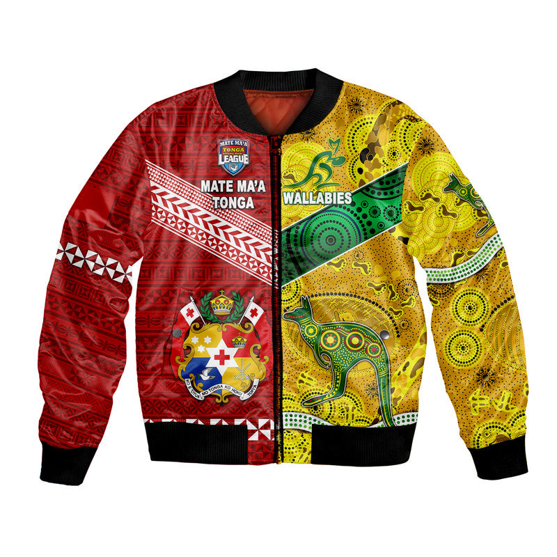 (Custom Personalised) Mate Ma'a Tonga Ngatu And Australia Wallabies Aboriginal Bomber Jacket Rugby Together LT8 - Wonder Print Shop