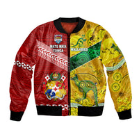 Unisex bomber jacket, red and yellow patterned front with black ribbed collar and cuffs