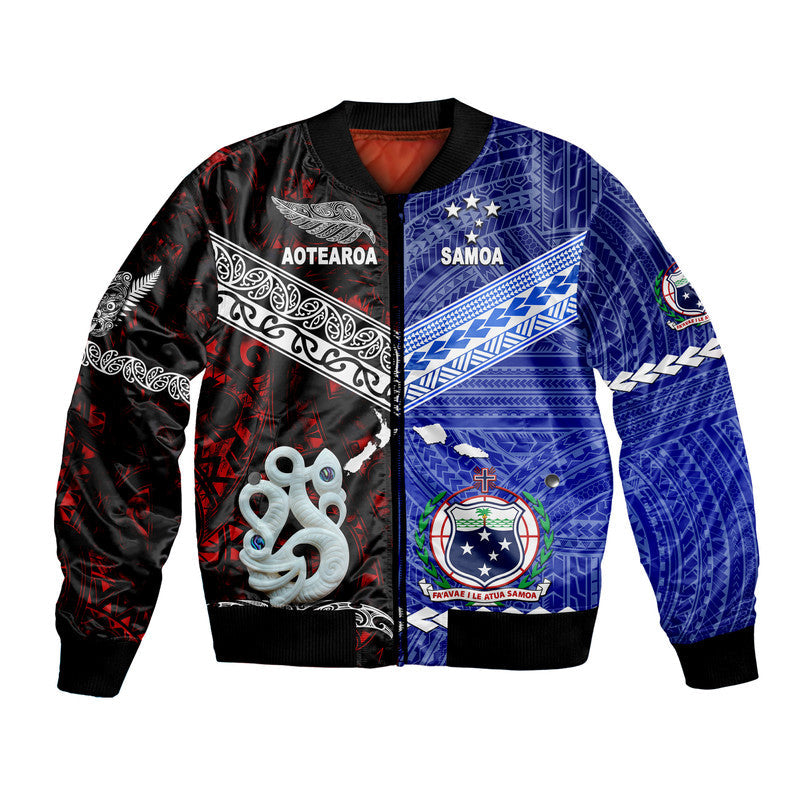 Unisex bomber jacket with red and blue graphic panels, front zip, ribbed cuffs and hem