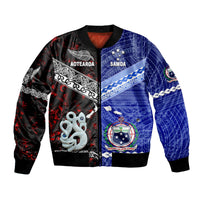 Unisex bomber jacket with red and blue graphic panels, front zip, ribbed cuffs and hem