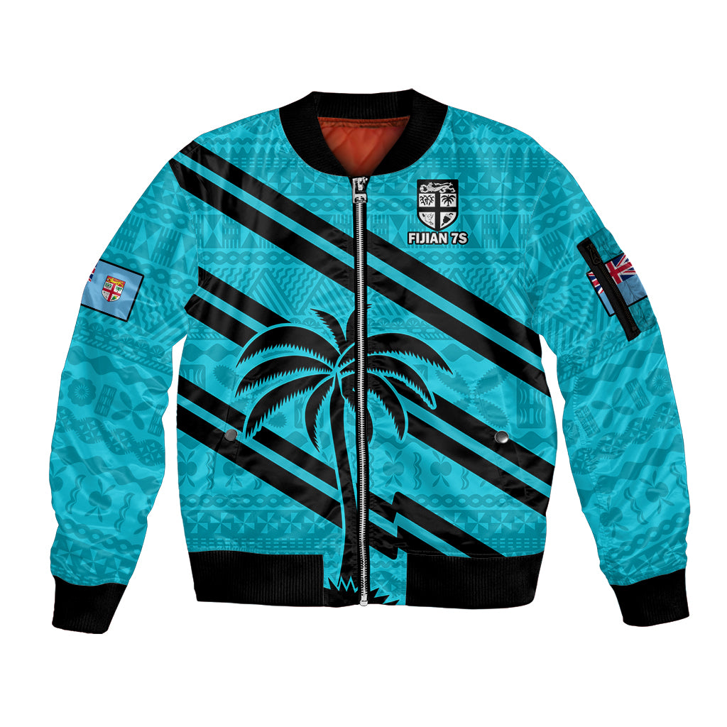 Cyan zip-up bomber jacket with black trim, diagonal stripes, palm tree graphic and patches