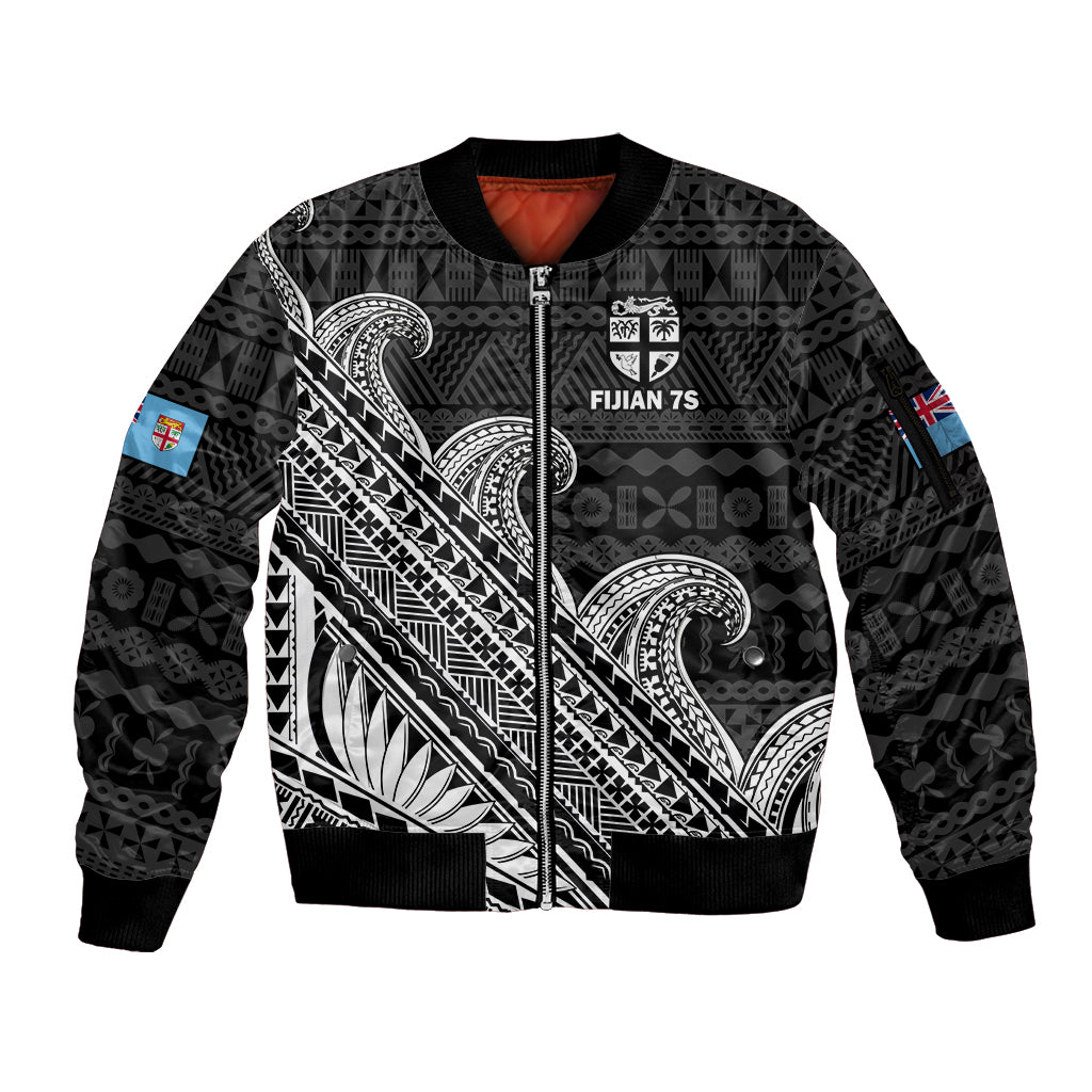 Black bomber jacket with zip front and Fijian 7s logo, Polynesian tapa print sleeves