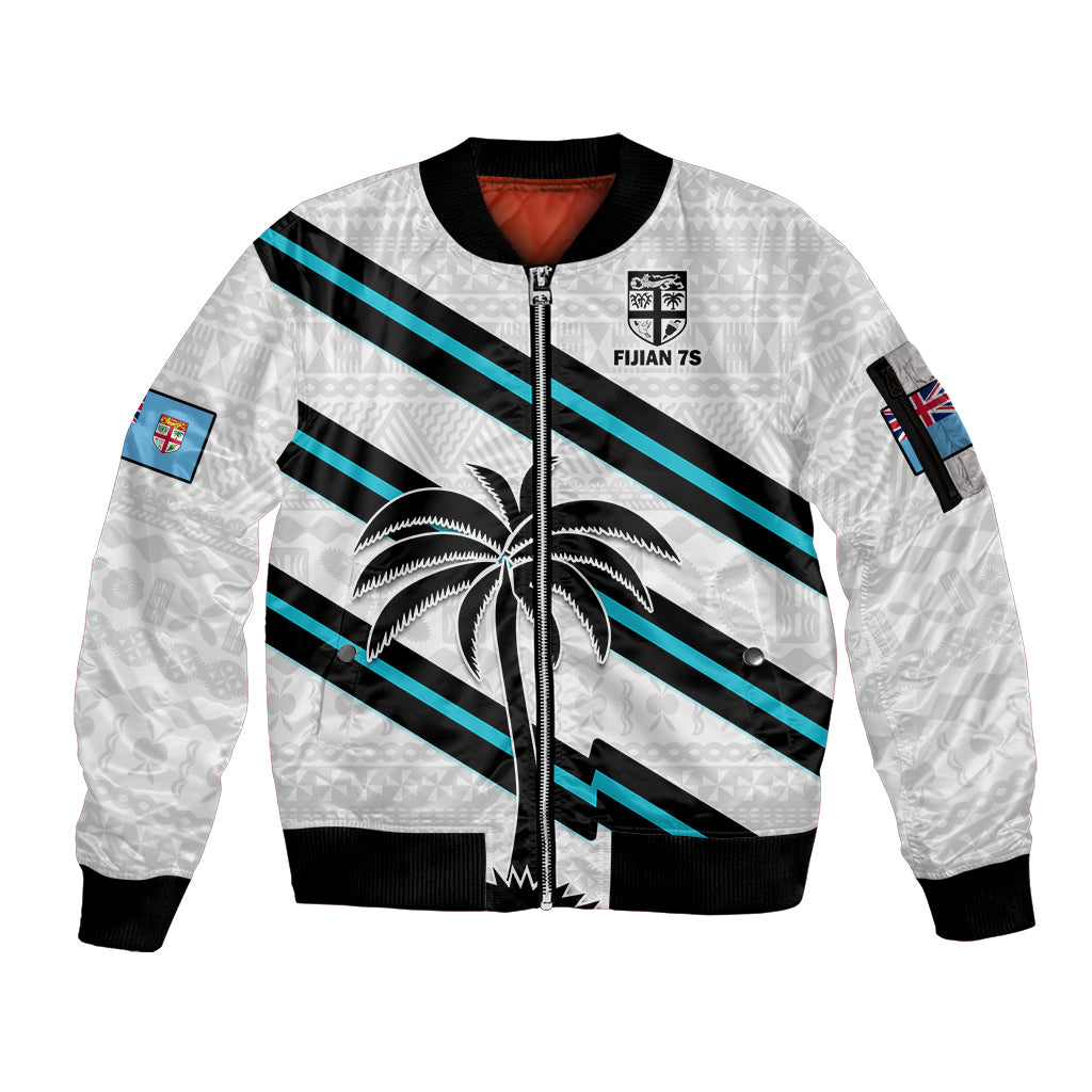 Fiji Rugby Tapa Pattern Fijian 7s White Sleeve Zip Bomber Jacket - Wonder Print Shop