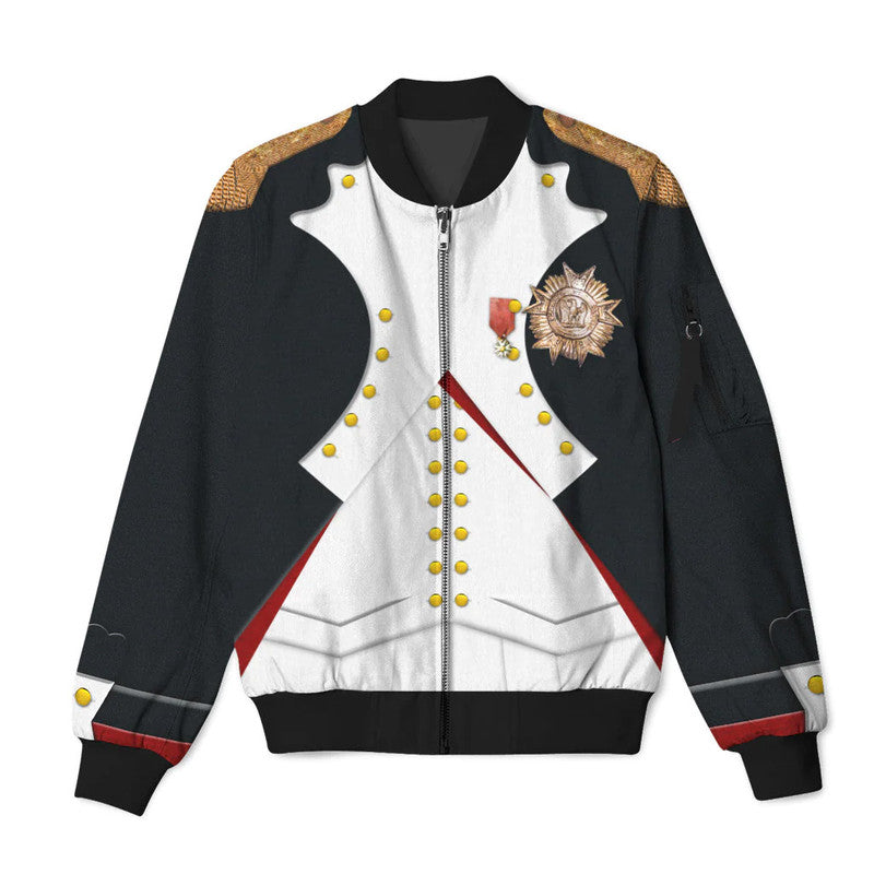 Black bomber jacket with white front panel, gold buttons, and gold-trimmed sleeves