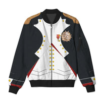 Black bomber jacket with white front panel, gold buttons, and gold-trimmed sleeves