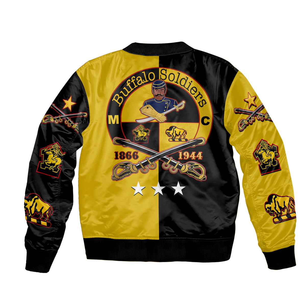 Black and gold bomber jacket back design with Buffalo Soldiers crest, 1866–1944
