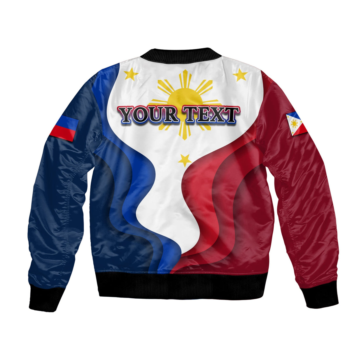 Bomber jacket unisex, white with flag print, 'YOUR TEXT' graphic, ribbed hem
