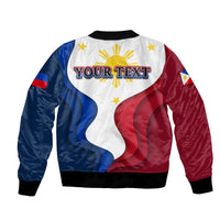 Bomber jacket unisex, white with flag print, 'YOUR TEXT' graphic, ribbed hem