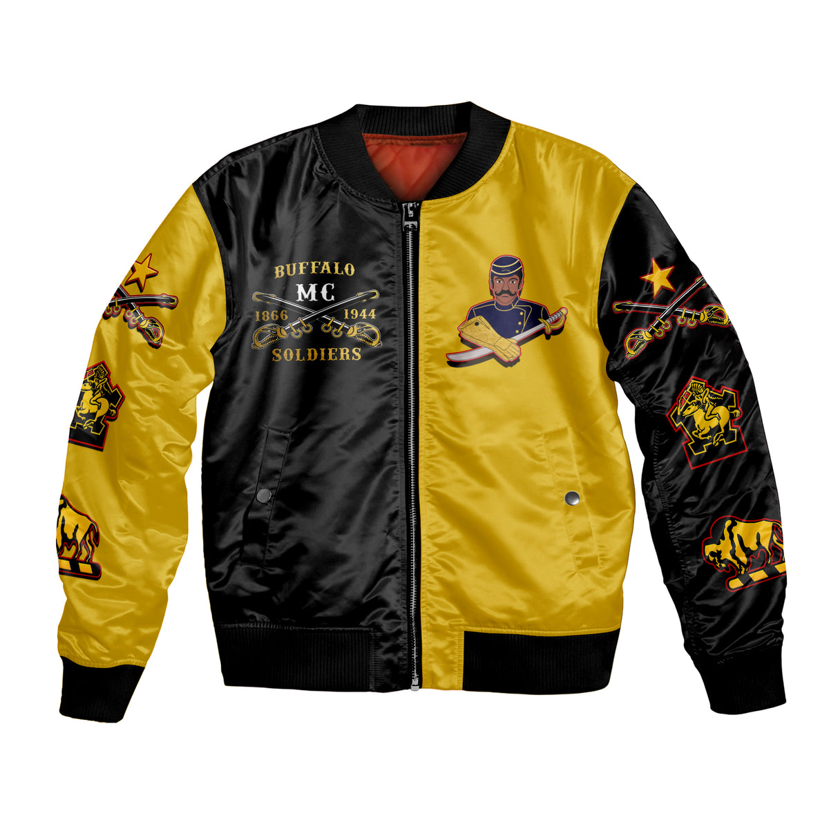 Black and gold bomber jacket with front zip and Buffalo Soldiers logo graphic