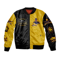 Black and gold bomber jacket with front zip and Buffalo Soldiers logo graphic