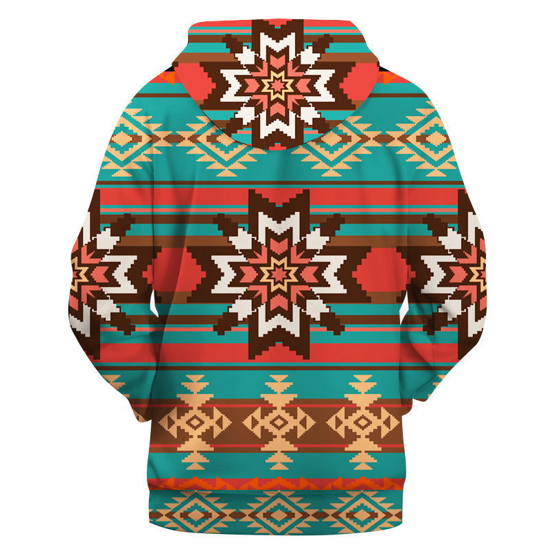 Multicolor native geometric pullover hoodie with front kangaroo pocket, teal base and stripes