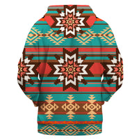Multicolor native geometric pullover hoodie with front kangaroo pocket, teal base and stripes