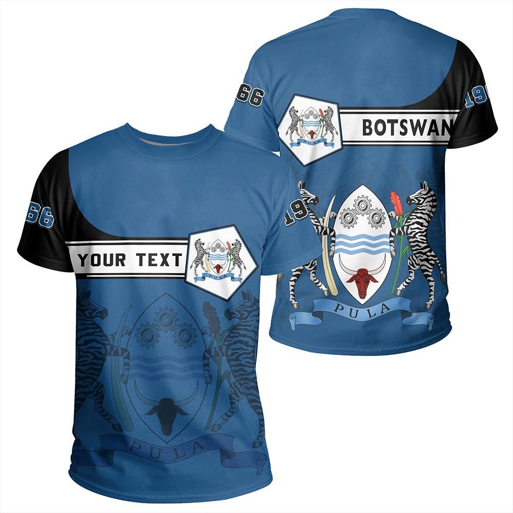 Custom Botswana t-shirt in blue/black with shield emblem, 'YOUR TEXT', zebra graphic