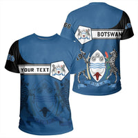 Custom Botswana t-shirt in blue/black with shield emblem, 'YOUR TEXT', zebra graphic