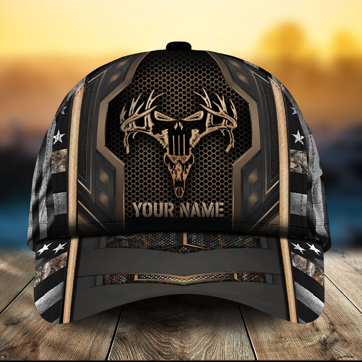 Brown hunting cap with 3D deer skull graphic, US stars-and-stripes sleeves, “YOUR NAME” front