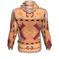 Back view pullover hoodie with geometric tribal design in purple and tan, hooded neckline
