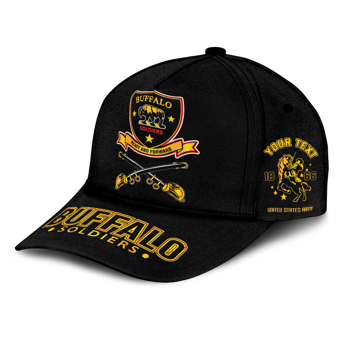 Black classic baseball cap with Buffalo Soldiers crest, crossed rifles, and yellow lettering