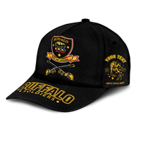 Black classic baseball cap with Buffalo Soldiers crest, crossed rifles, and yellow lettering