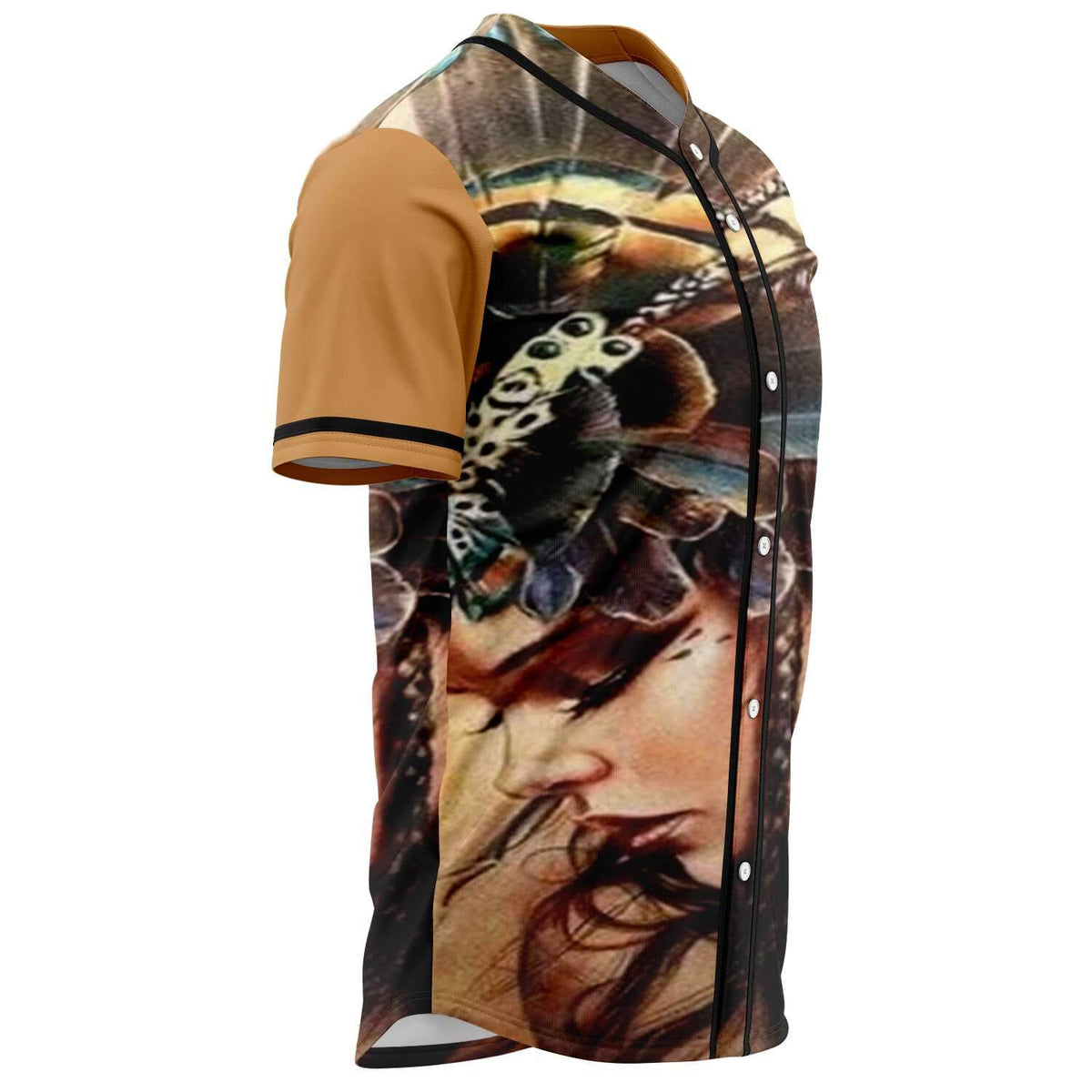 Angled baseball jersey showing Native American print, black placket buttons, multicolor
