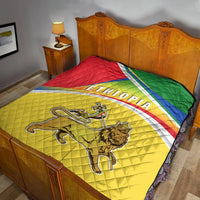 Ethiopia quilt laid on bed, multicolor flag stripes with quilted pattern and lion crest