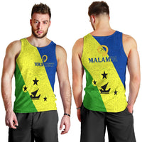 Men’s green tank top with blue panel and yellow Malampa flag print, sleeveless.