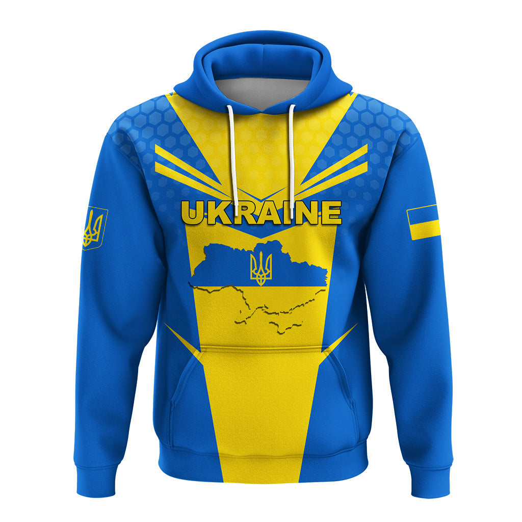 Custom Ukraine map legend hoodie, blue with yellow “UKRAINE” front print and hood