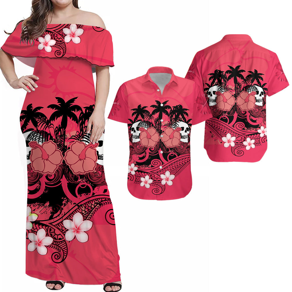 Pink off-shoulder maxi dress with skull, palm trees, hibiscus and flower print